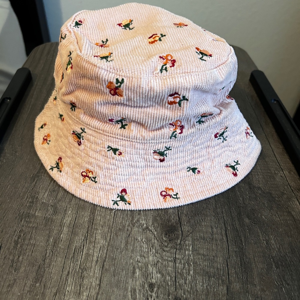 Womens Bucket Hat‎ One Size Pink Floral Embroidered Corduroy Cottage Soft Girl